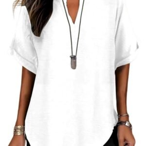 Womens Cotton Like Linen Texture Tops Casual Half Sleeve Crew V Neck Blouse Shirt Loose Fit Breathable Summer Tee