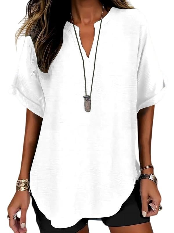 Womens Cotton Like Linen Texture Tops Casual Half Sleeve Crew V Neck Blouse Shirt Loose Fit Breathable Summer Tee