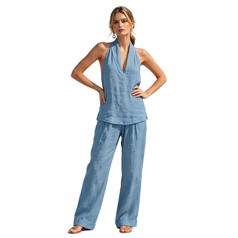 Women's 2 Piece Outfit Sleeveless Halter Top with Wide Leg Pants Casual Summer Lounge Set - Image 6