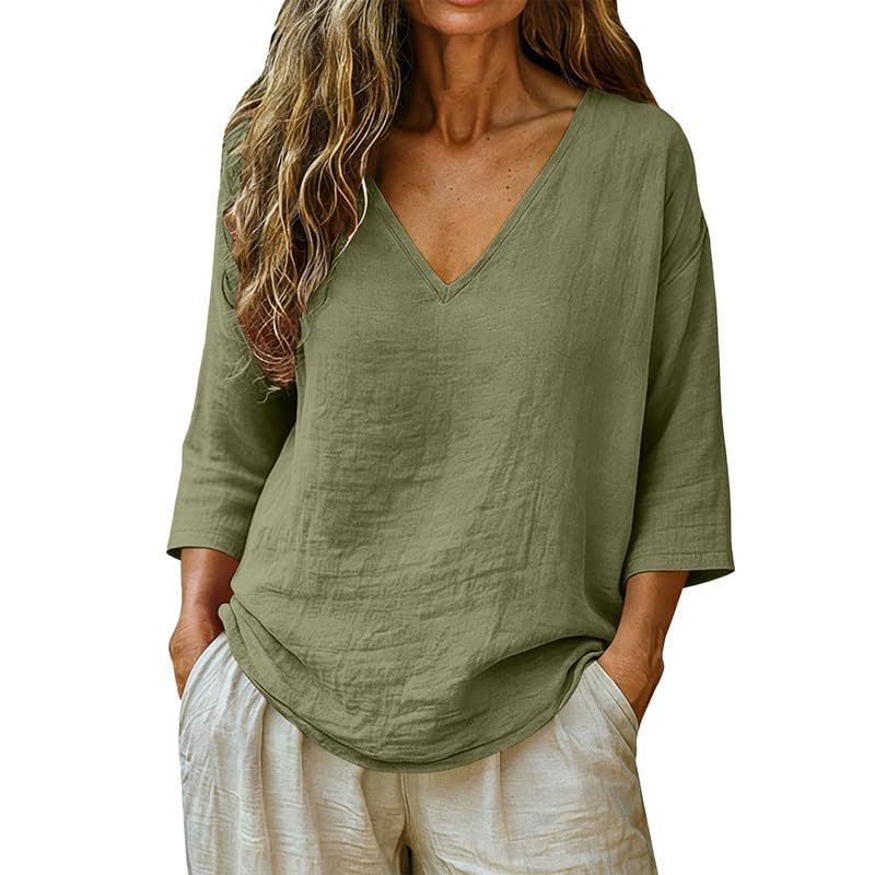 Womens Linen Tops V-Neck Lightweight Gauze Loose Casual Comfortable Spring Summer Tops - Image 4