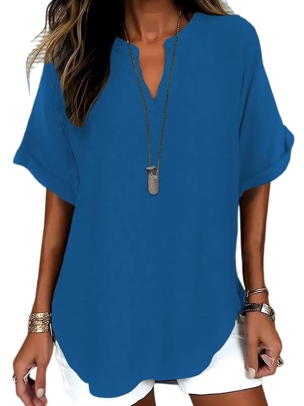 Womens Cotton Like Linen Texture Tops Casual Half Sleeve Crew V Neck Blouse Shirt Loose Fit Breathable Summer Tee - Image 6