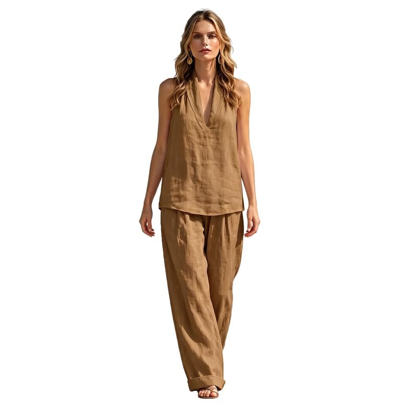 Women's 2 Piece Outfit Sleeveless Halter Top with Wide Leg Pants Casual Summer Lounge Set - Image 5