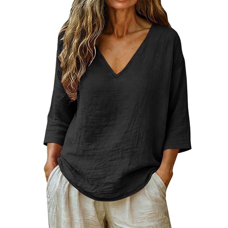 Womens Linen Tops V-Neck Lightweight Gauze Loose Casual Comfortable Spring Summer Tops - Image 5