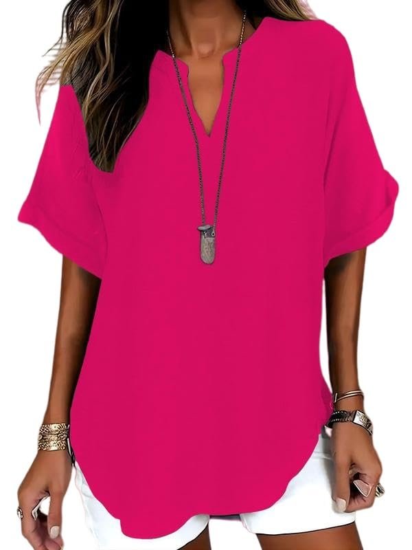 Womens Cotton Like Linen Texture Tops Casual Half Sleeve Crew V Neck Blouse Shirt Loose Fit Breathable Summer Tee - Image 5