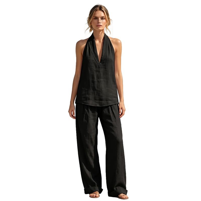 Women's 2 Piece Outfit Sleeveless Halter Top with Wide Leg Pants Casual Summer Lounge Set - Image 4
