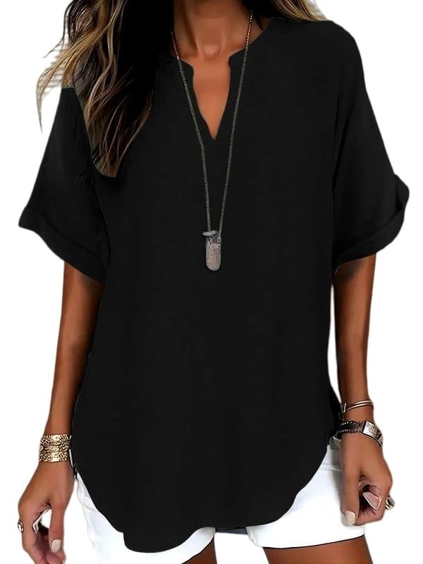 Womens Cotton Like Linen Texture Tops Casual Half Sleeve Crew V Neck Blouse Shirt Loose Fit Breathable Summer Tee - Image 4