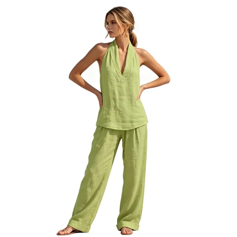 Women's 2 Piece Outfit Sleeveless Halter Top with Wide Leg Pants Casual Summer Lounge Set - Image 3