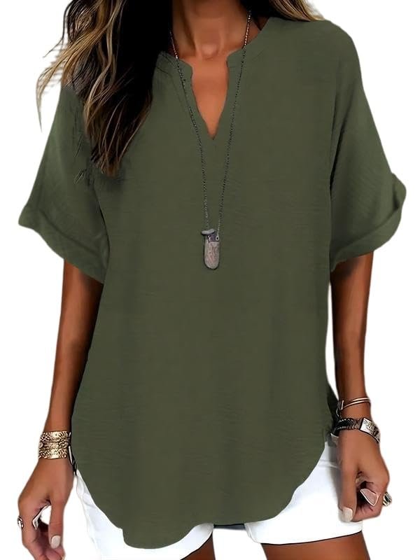 Womens Cotton Like Linen Texture Tops Casual Half Sleeve Crew V Neck Blouse Shirt Loose Fit Breathable Summer Tee - Image 7