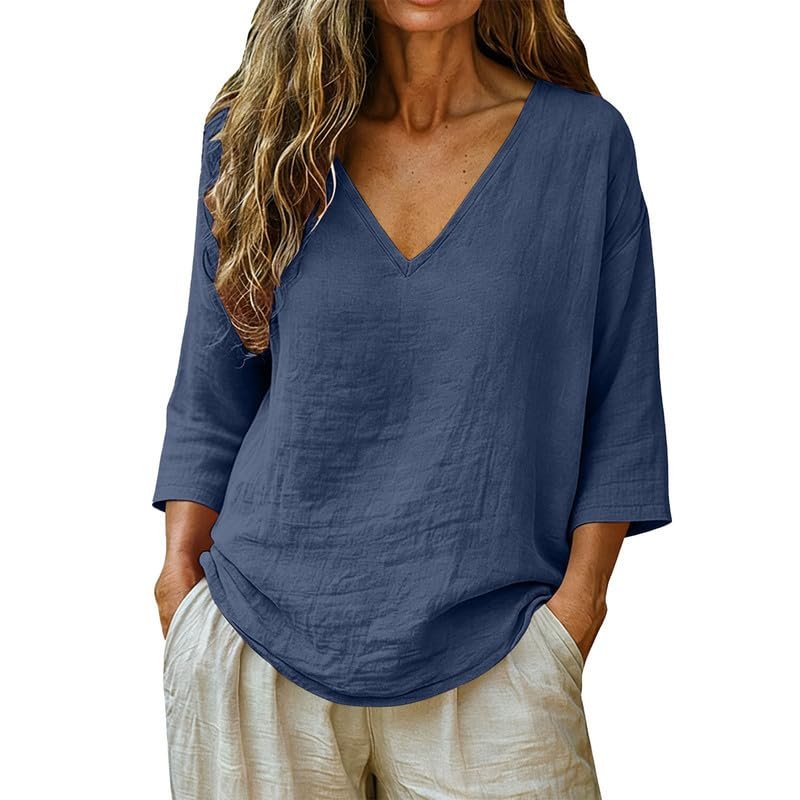 Womens Linen Tops V-Neck Lightweight Gauze Loose Casual Comfortable Spring Summer Tops - Image 7