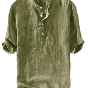 Mens Linen Shirts Casual Cotton 3/4 Sleeve Regular-Fit Henley T-Shirt Summer Lightweight Beach Yoga Tops