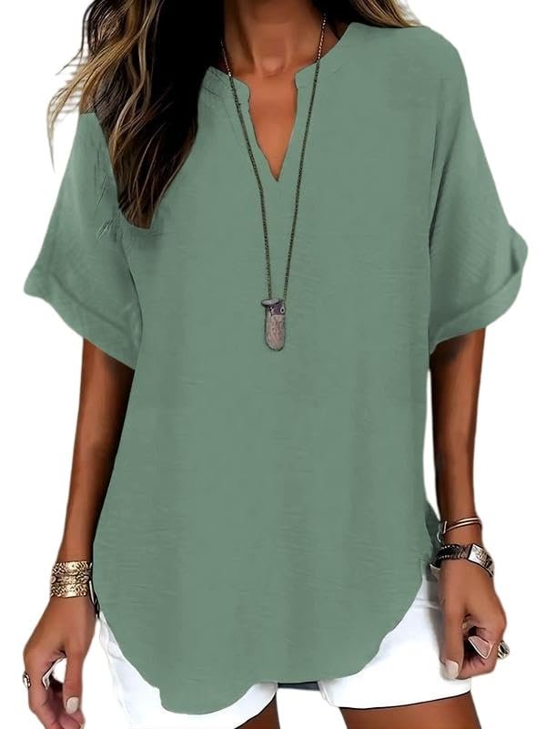 Womens Cotton Like Linen Texture Tops Casual Half Sleeve Crew V Neck Blouse Shirt Loose Fit Breathable Summer Tee - Image 3