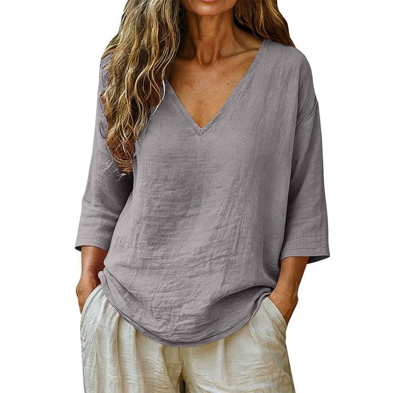 Womens Linen Tops V-Neck Lightweight Gauze Loose Casual Comfortable Spring Summer Tops - Image 8