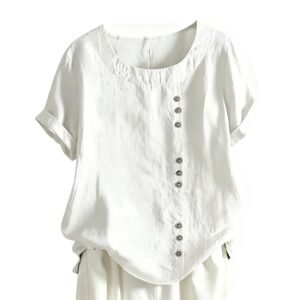 Cotton Linen Tops Short Sleeve Crewneck Shirts Casual Loose Summer Tunic Blouses Lightweight Womens Tops