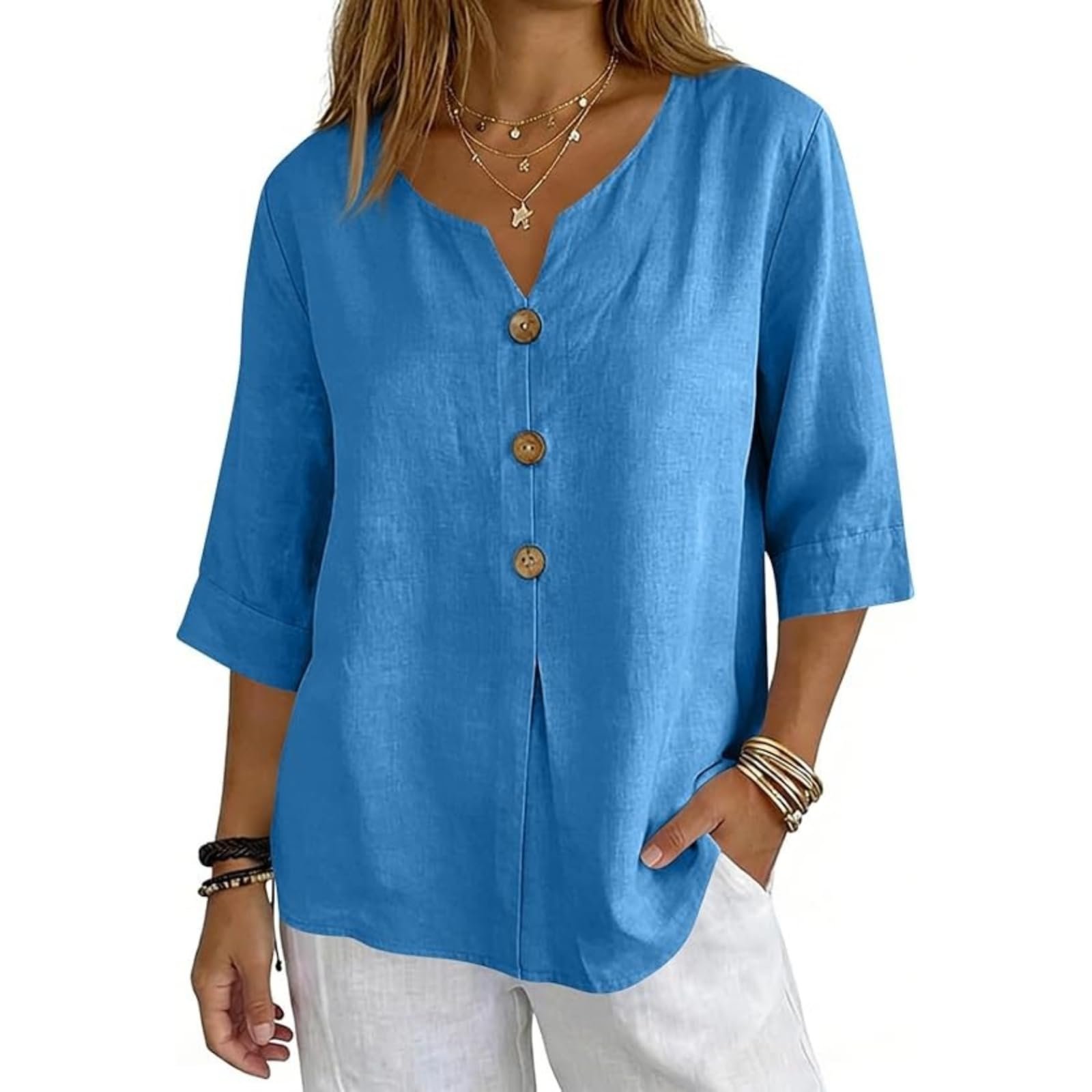 Cotton Linen Tops for Women Dressy Casual 3/4 Sleeve Gauze Shirts Button Down V Neck Blouses Summer Vacation Clothes - Image 10