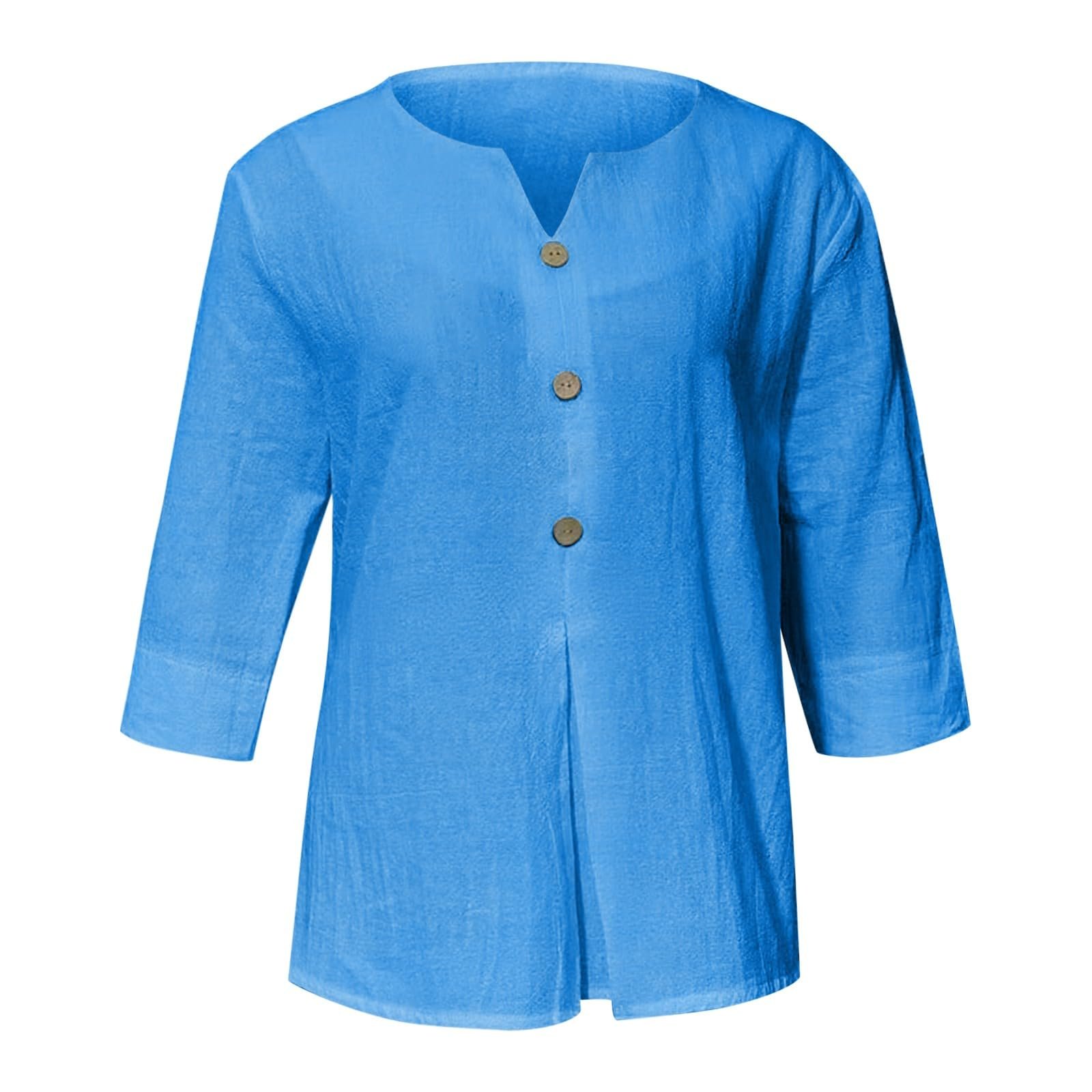 Cotton Linen Tops for Women Dressy Casual 3/4 Sleeve Gauze Shirts Button Down V Neck Blouses Summer Vacation Clothes - Image 12