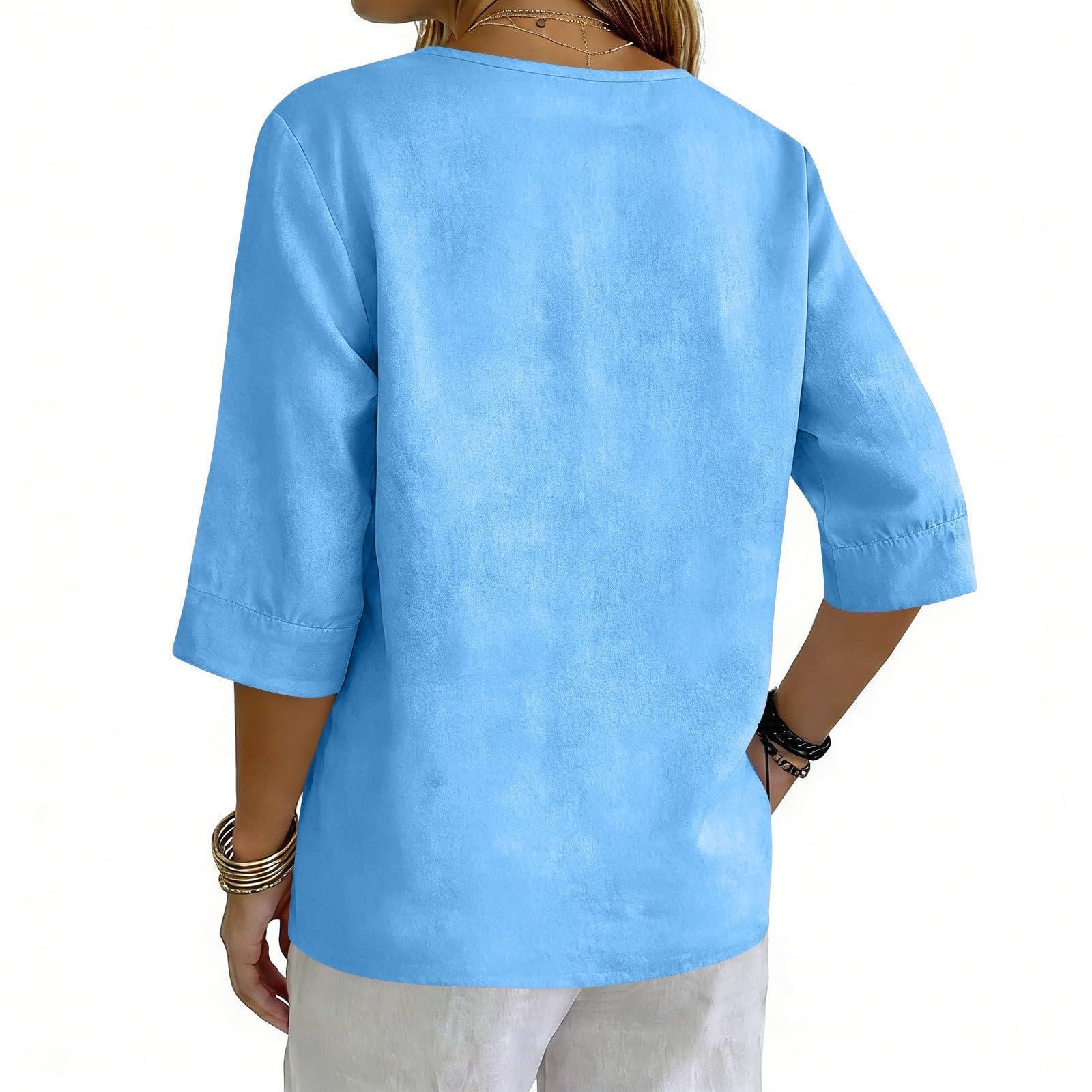Cotton Linen Tops for Women Dressy Casual 3/4 Sleeve Gauze Shirts Button Down V Neck Blouses Summer Vacation Clothes - Image 13