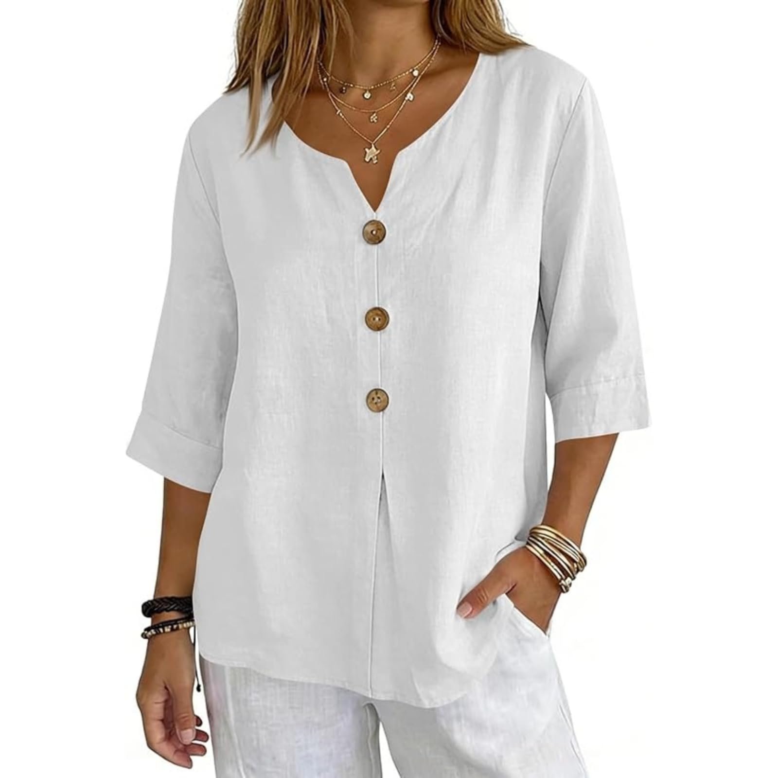 Cotton Linen Tops for Women Dressy Casual 3/4 Sleeve Gauze Shirts Button Down V Neck Blouses Summer Vacation Clothes - Image 6