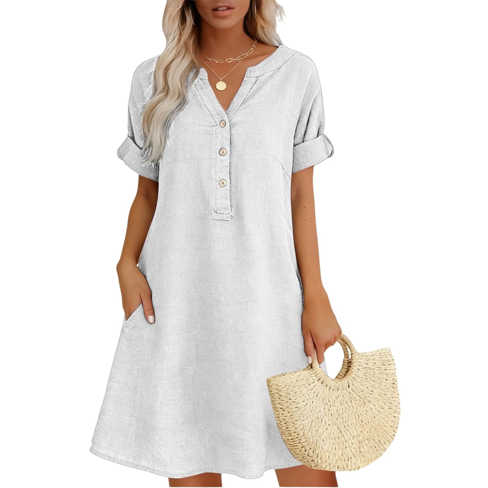 2026 Linen Dresses for Women V Neck Short Sleeve Button Midi Dress Casual A Line T-Shirt Sundresses with Pockets - Image 16