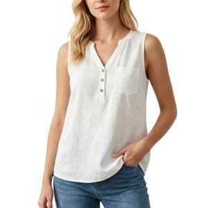 Womens Cotton Linen Tank Tops Summer Sleeveless Blouses Loose Fit V-Neck Button Down Shirts Casual Flowing Tops XS-4XL