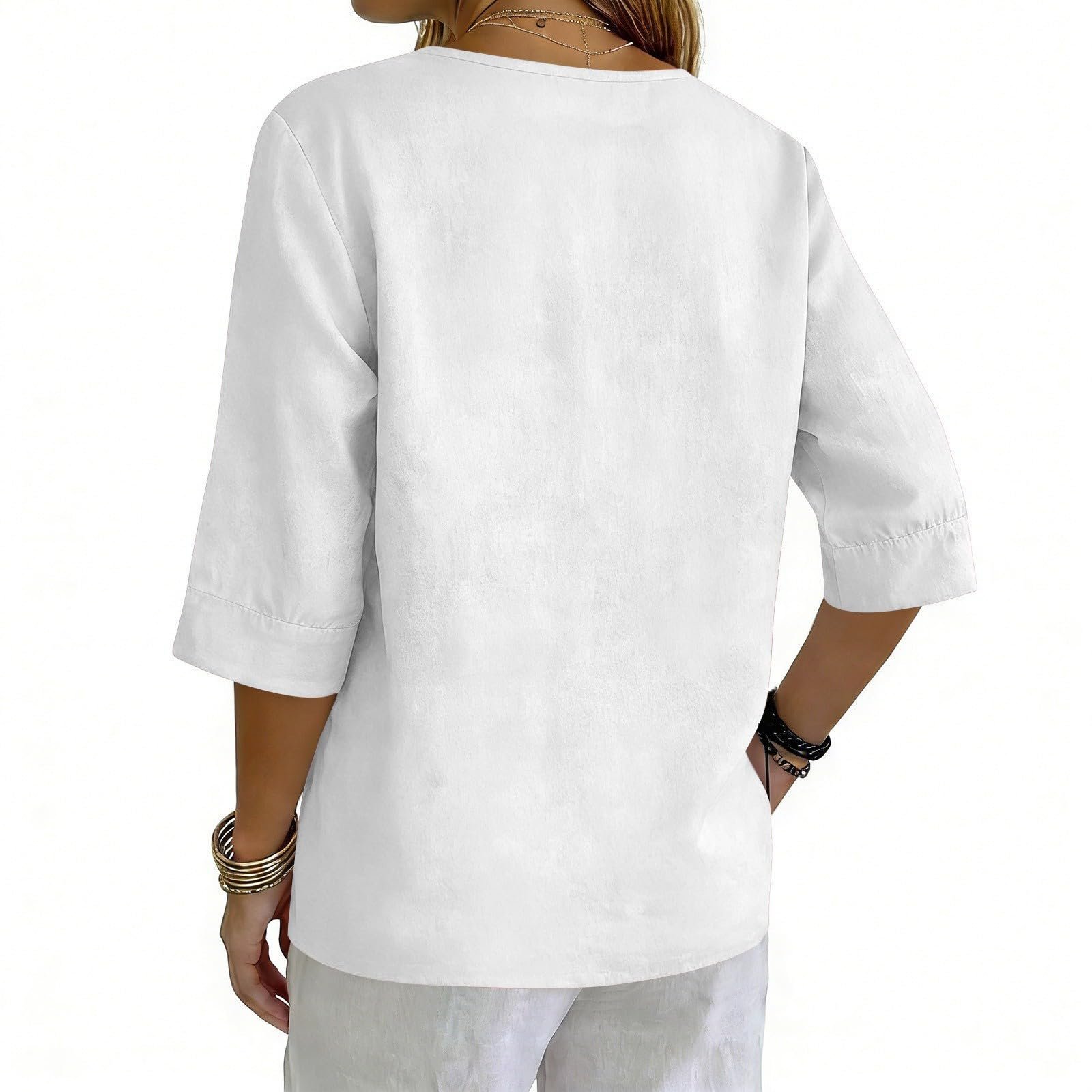 Cotton Linen Tops for Women Dressy Casual 3/4 Sleeve Gauze Shirts Button Down V Neck Blouses Summer Vacation Clothes - Image 8