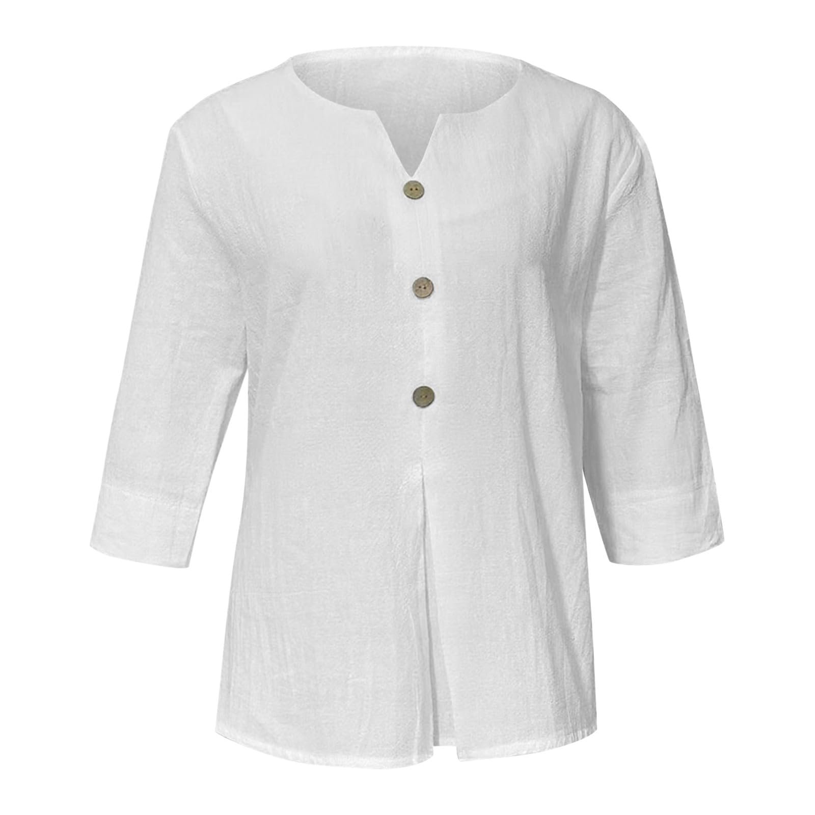 Cotton Linen Tops for Women Dressy Casual 3/4 Sleeve Gauze Shirts Button Down V Neck Blouses Summer Vacation Clothes - Image 9