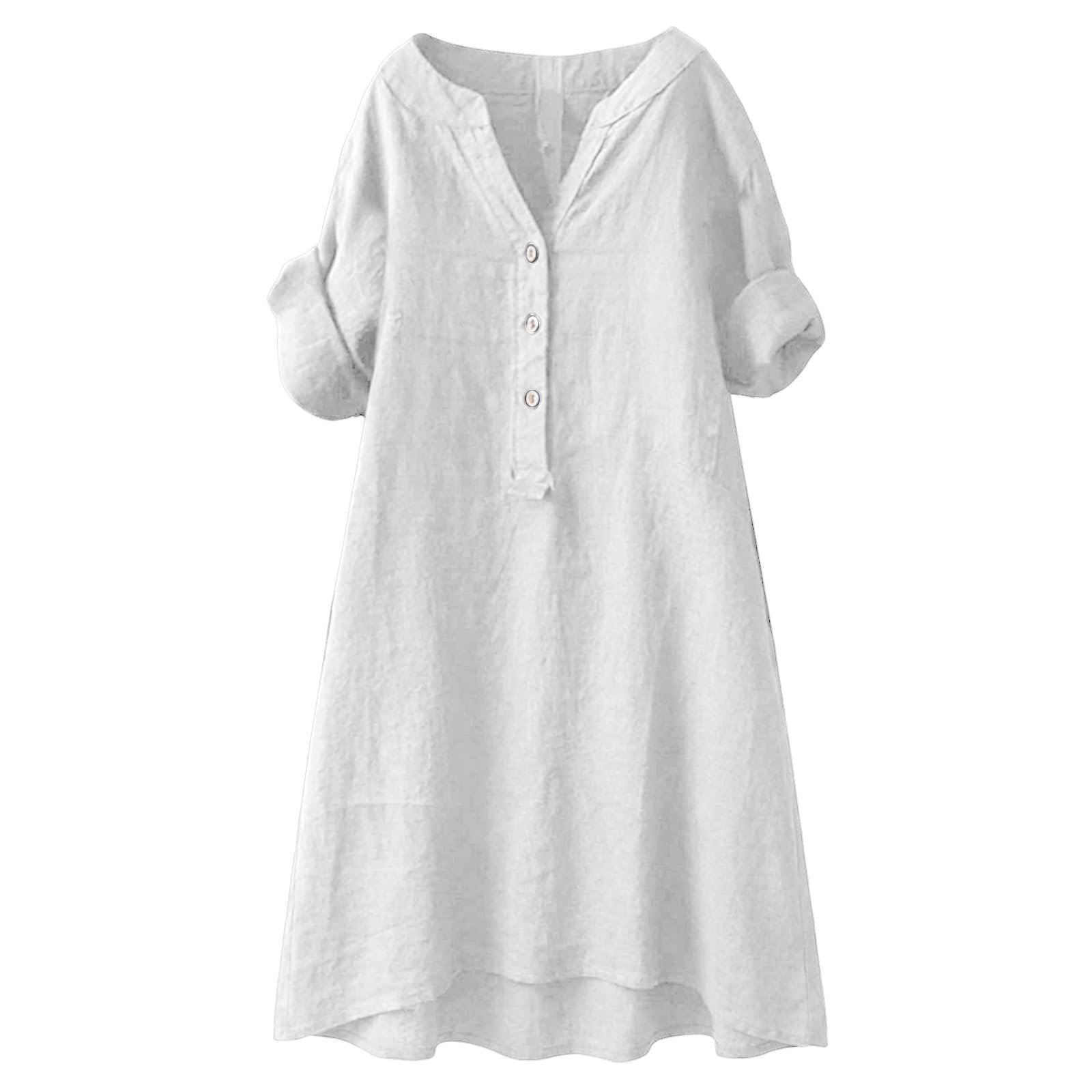2026 Linen Dresses for Women V Neck Short Sleeve Button Midi Dress Casual A Line T-Shirt Sundresses with Pockets - Image 18