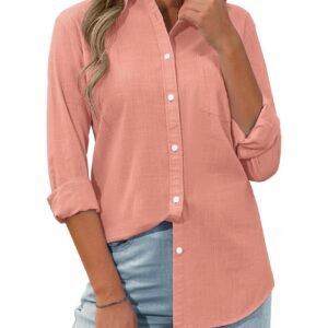 Womens Button Down Shirt Linen Button Up Shirts for Women Long Sleeve Summer Shirt Collared Blouse Linen Tops