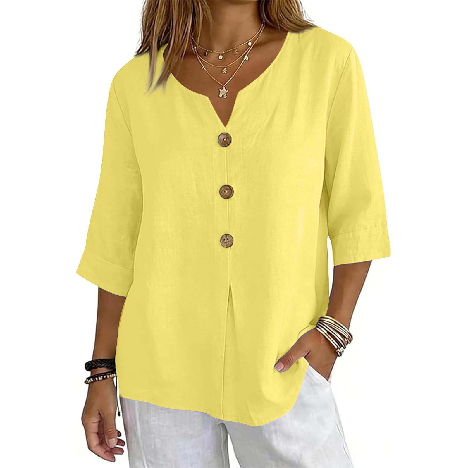 Cotton Linen Tops for Women Dressy Casual 3/4 Sleeve Gauze Shirts Button Down V Neck Blouses Summer Vacation Clothes
