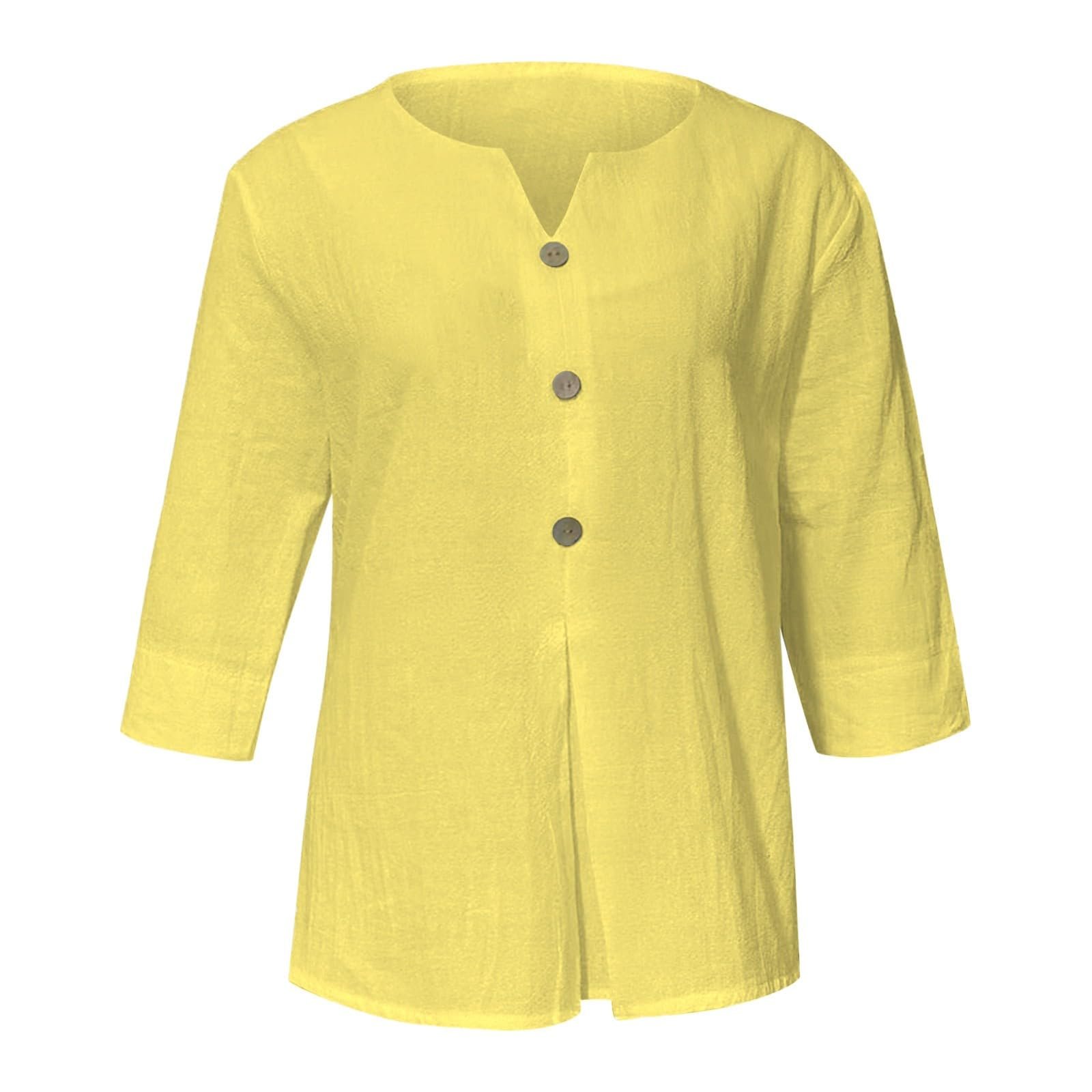 Cotton Linen Tops for Women Dressy Casual 3/4 Sleeve Gauze Shirts Button Down V Neck Blouses Summer Vacation Clothes - Image 3