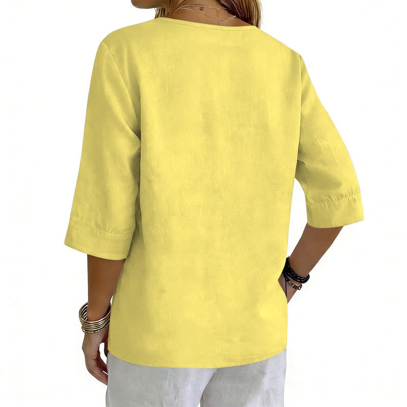 Cotton Linen Tops for Women Dressy Casual 3/4 Sleeve Gauze Shirts Button Down V Neck Blouses Summer Vacation Clothes - Image 2